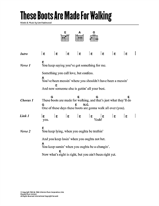 Nancy Sinatra These Boots Are Made For Walking Sheet Music Notes Chords Download Pop Notes Lyrics Chords Pdf Print 47792