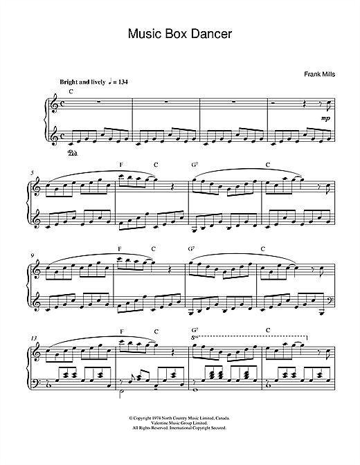Preview Frank Mills Music Box Dancer Easy Listening sheet music, notes and chords for Piano, SKU: 48578 sheet music, piano notes, chords, guitar tabs, score, transpose, transcribe, how to play, guide, download, learn, tutorial, progression, song, artist, awards, billboard, mtv, vh1, tour, single, album, release