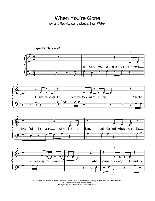 Avril Lavigne When You Re Gone Sheet Music Notes Chords Download Rock Notes 5 Finger Piano Pdf Print