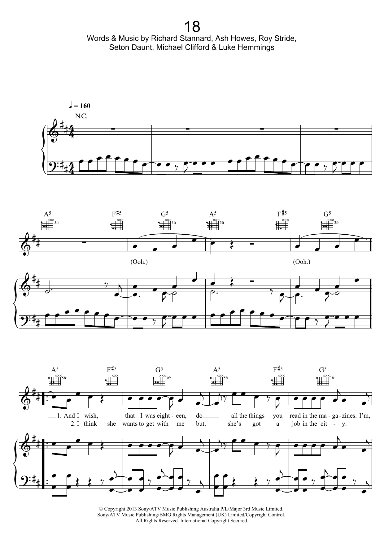 5 Seconds of Summer 18 Sheet Music Notes & Chords for Piano, Vocal & Guitar (Right-Hand Melody) - Download or Print PDF