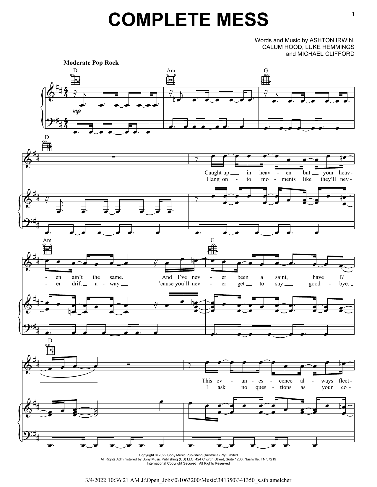 5 Seconds of Summer Complete Mess Sheet Music Notes & Chords for Piano, Vocal & Guitar Chords (Right-Hand Melody) - Download or Print PDF