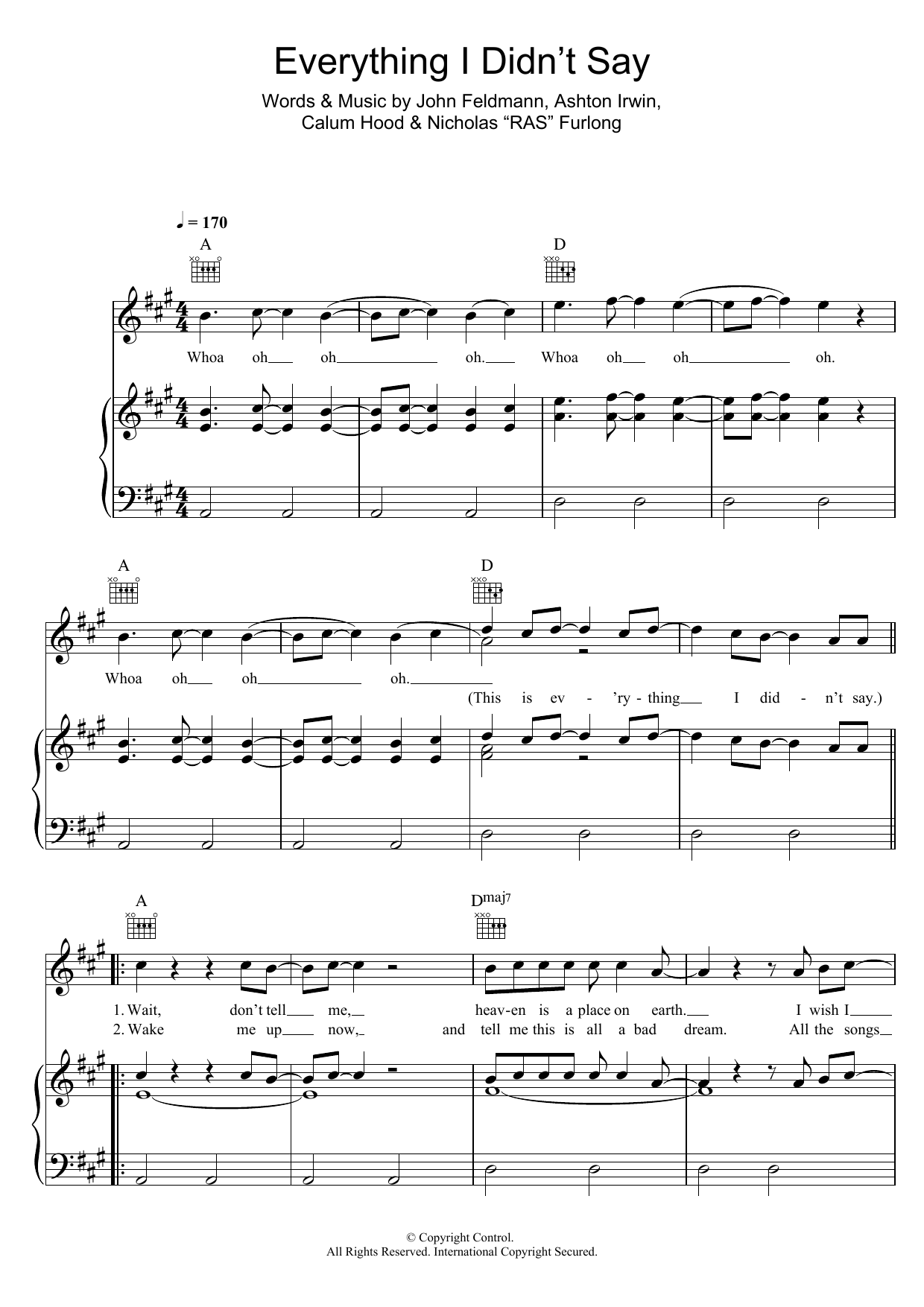 5 Seconds of Summer Everything I Didn't Say Sheet Music Notes & Chords for Piano, Vocal & Guitar (Right-Hand Melody) - Download or Print PDF