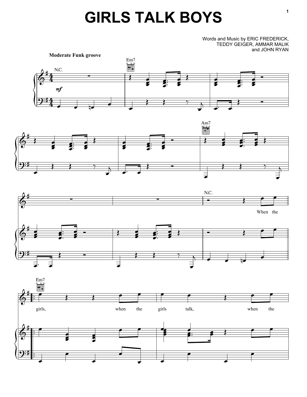 5 Seconds of Summer Girls Talk Boys Sheet Music Notes & Chords for Piano, Vocal & Guitar (Right-Hand Melody) - Download or Print PDF