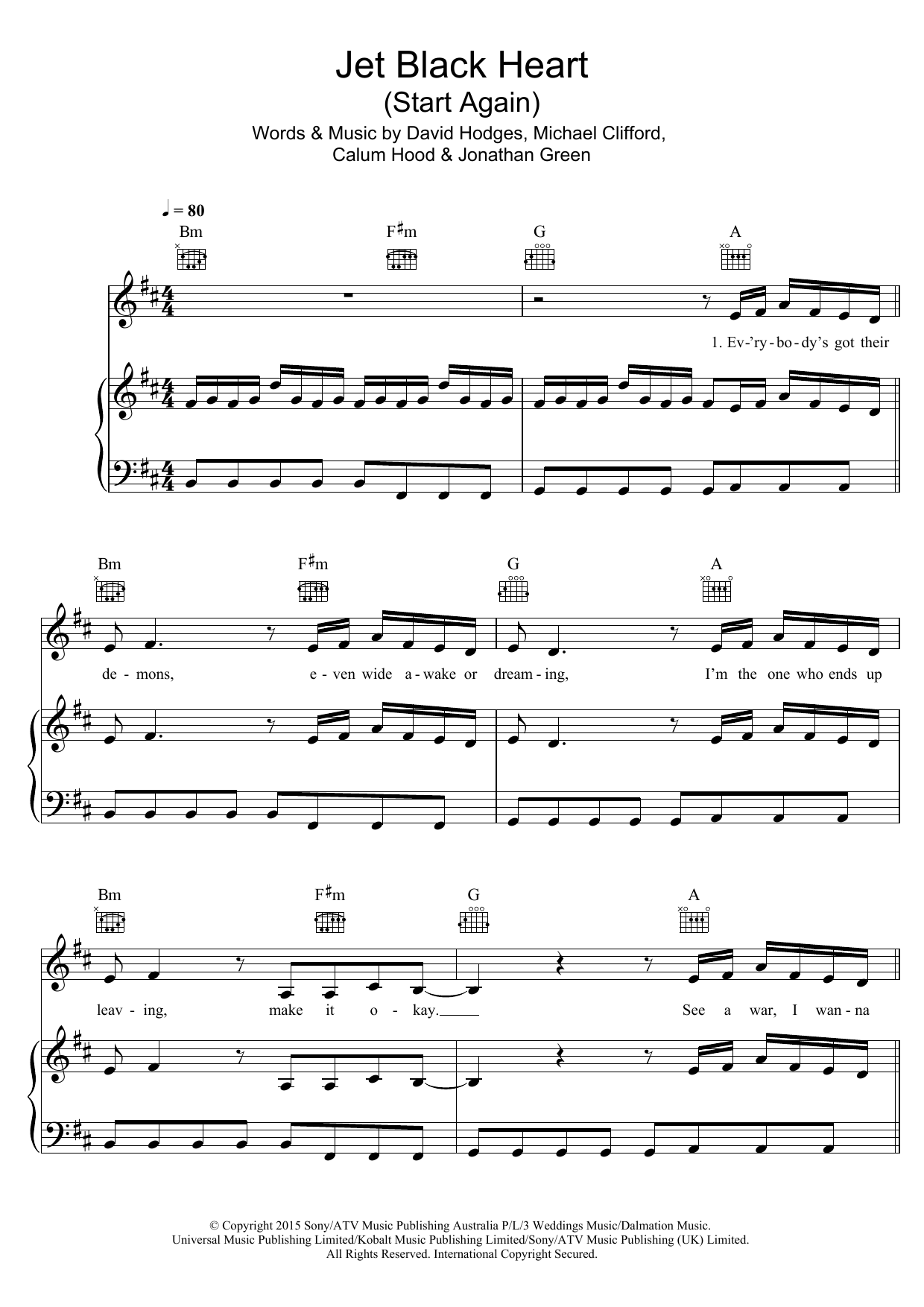 5 Seconds of Summer Jet Black Heart (Start Again) Sheet Music Notes & Chords for Piano, Vocal & Guitar (Right-Hand Melody) - Download or Print PDF