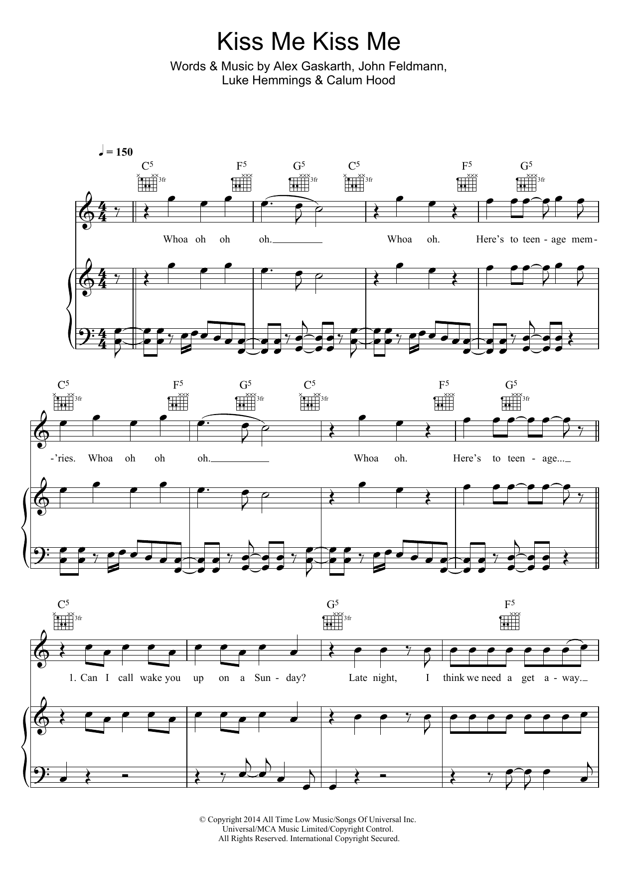 5 Seconds of Summer Kiss Me Kiss Me Sheet Music Notes & Chords for Piano, Vocal & Guitar (Right-Hand Melody) - Download or Print PDF