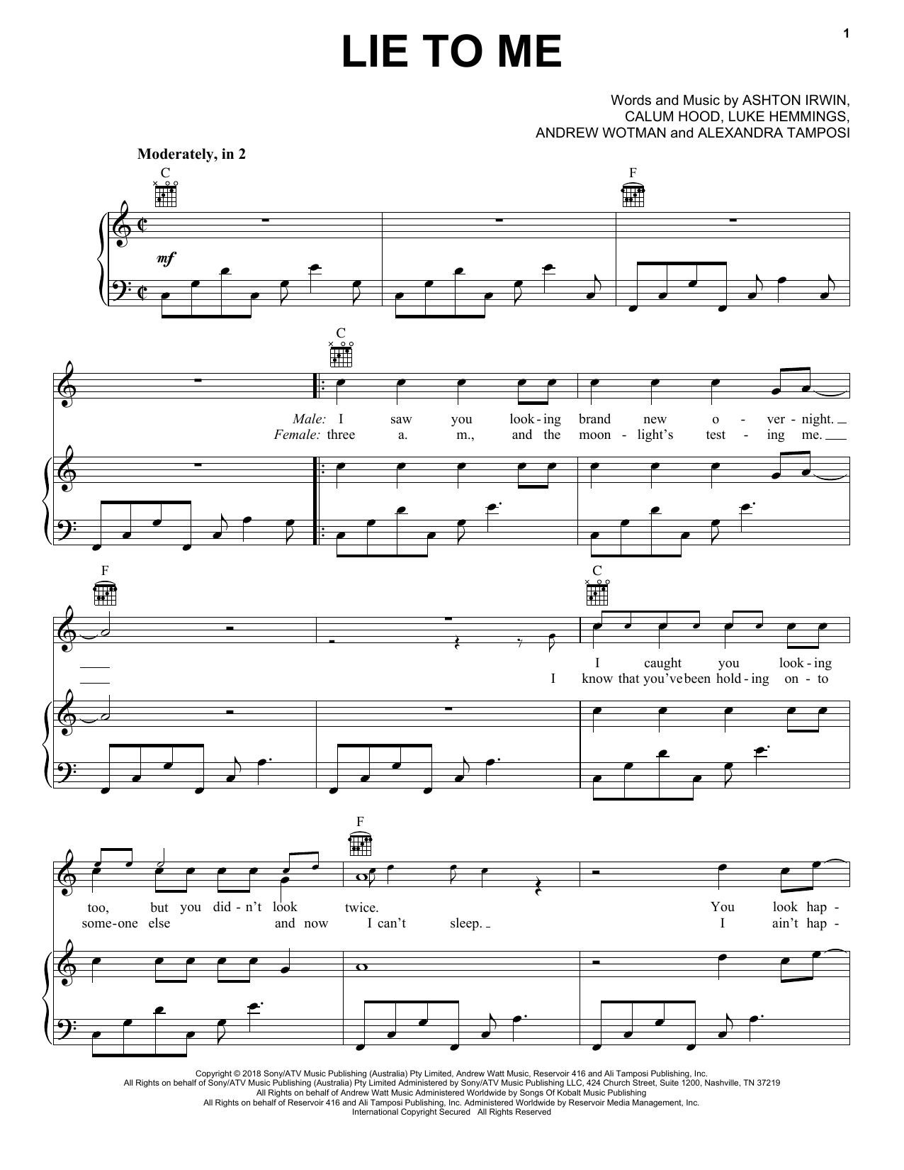 5 Seconds of Summer Lie To Me Sheet Music Notes & Chords for Piano, Vocal & Guitar (Right-Hand Melody) - Download or Print PDF