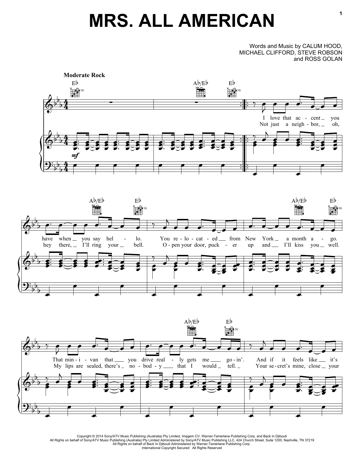 5 Seconds of Summer Mrs. All American Sheet Music Notes & Chords for Piano, Vocal & Guitar (Right-Hand Melody) - Download or Print PDF