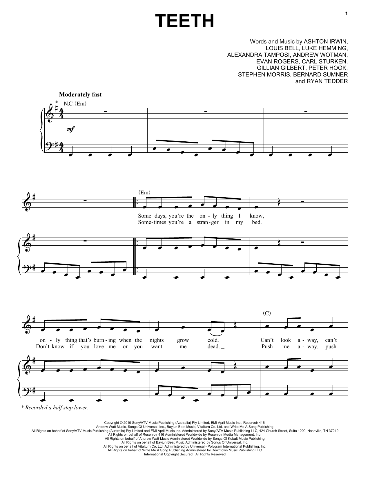 5 Seconds of Summer Teeth Sheet Music Notes & Chords for Piano, Vocal & Guitar (Right-Hand Melody) - Download or Print PDF