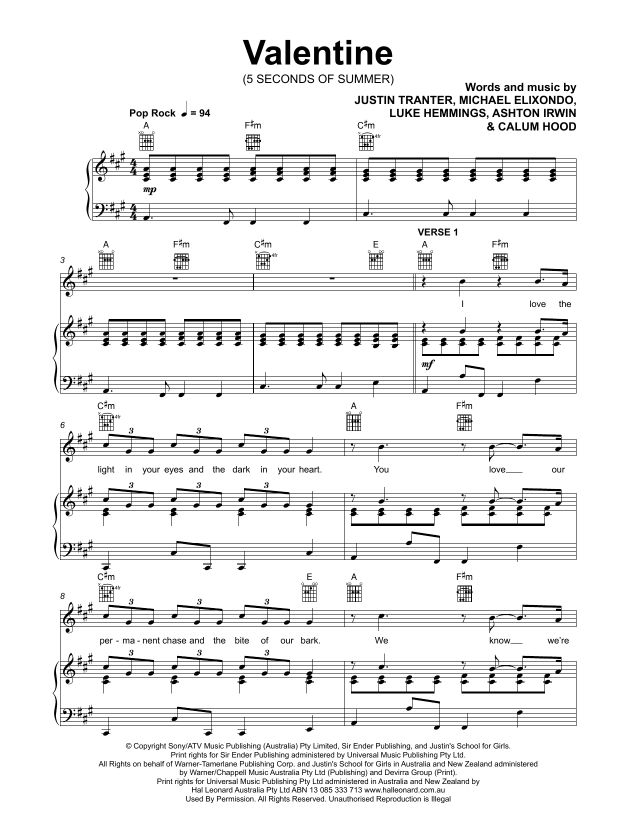 5 Seconds of Summer Valentine Sheet Music Notes & Chords for Piano, Vocal & Guitar (Right-Hand Melody) - Download or Print PDF