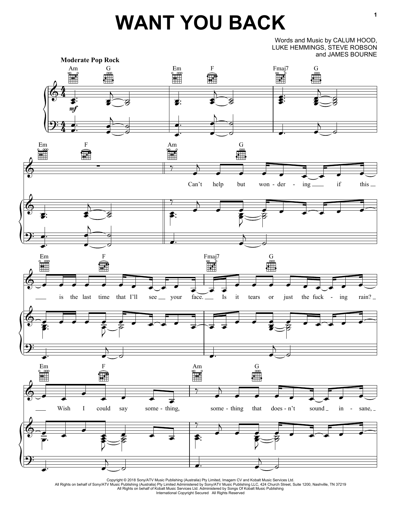5 Seconds of Summer Want You Back Sheet Music Notes & Chords for Piano, Vocal & Guitar (Right-Hand Melody) - Download or Print PDF