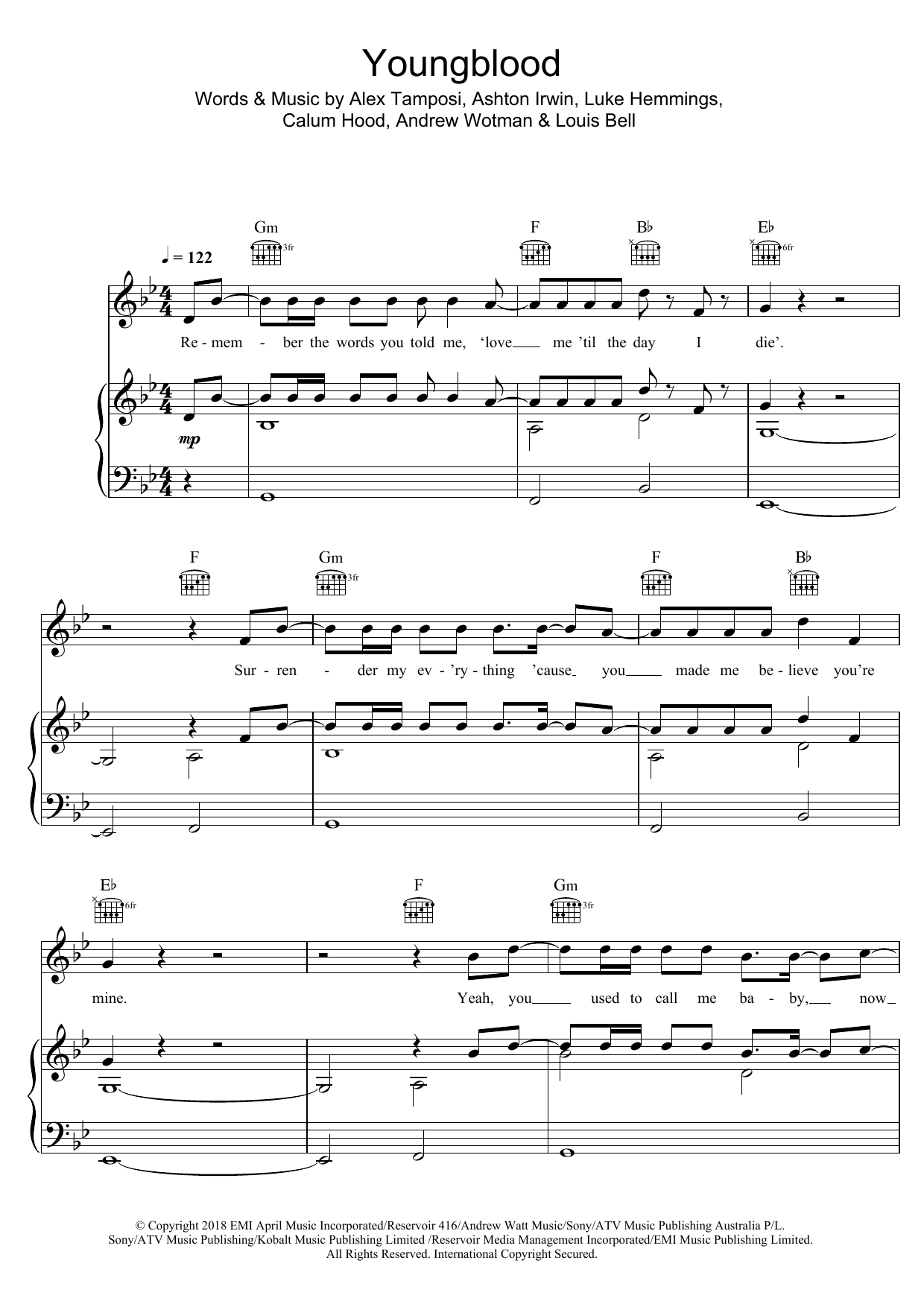 5 Seconds of Summer Youngblood Sheet Music Notes & Chords for Piano, Vocal & Guitar (Right-Hand Melody) - Download or Print PDF
