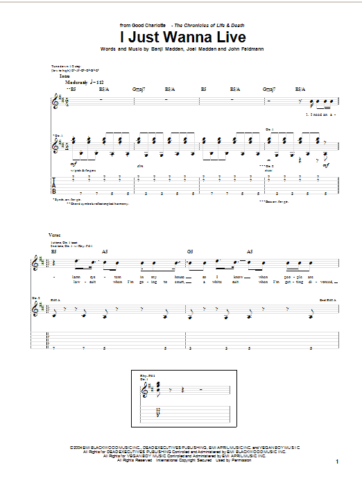 Good Charlotte I Just Wanna Live Sheet Music Notes, Chords.