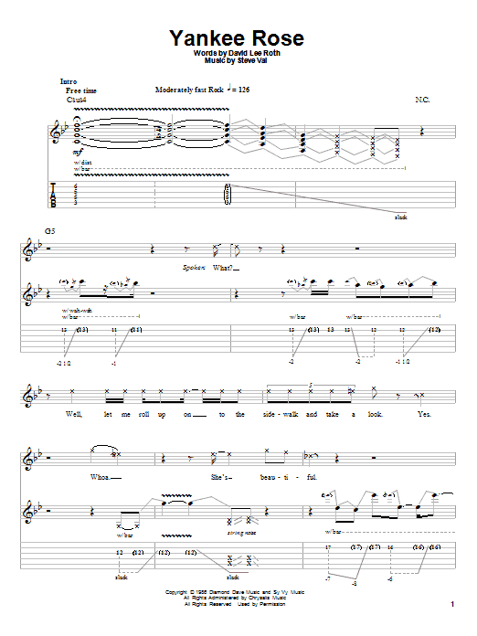 Preview David Lee Roth Yankee Rose Metal sheet music, notes and chords for Guitar Tab Play-Along, SKU: 54106 sheet music, piano notes, chords, guitar tabs, score, transpose, transcribe, how to play, guide, download, learn, tutorial, progression, song, artist, awards, billboard, mtv, vh1, tour, single, album, release