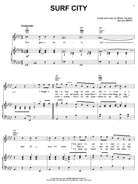 Preview Jan & Dean Surf City Pop sheet music, notes and chords for Piano, Vocal & Guitar (Right-Hand Melody), SKU: 55713 sheet music, piano notes, chords, guitar tabs, score, transpose, transcribe, how to play, guide, download, learn, tutorial, progression, song, artist, awards, billboard, mtv, vh1, tour, single, album, release