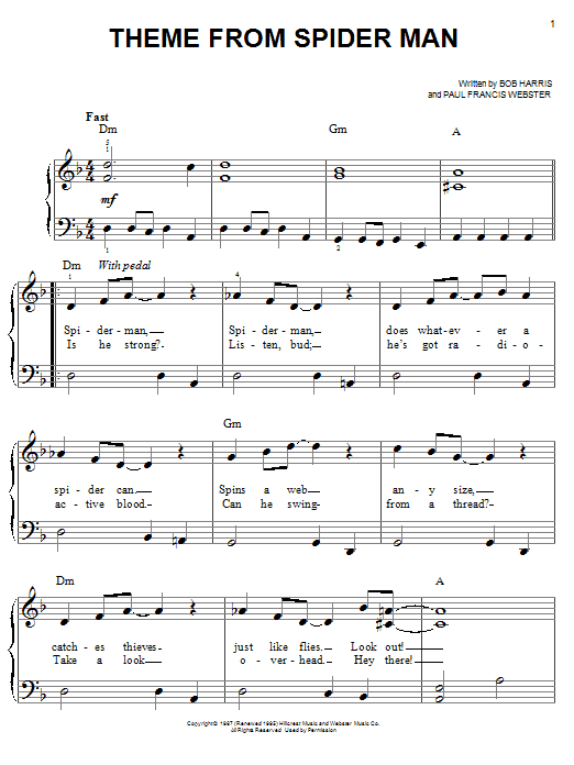 Paul Francis Webster Theme From Spider Man Sheet Music Notes
