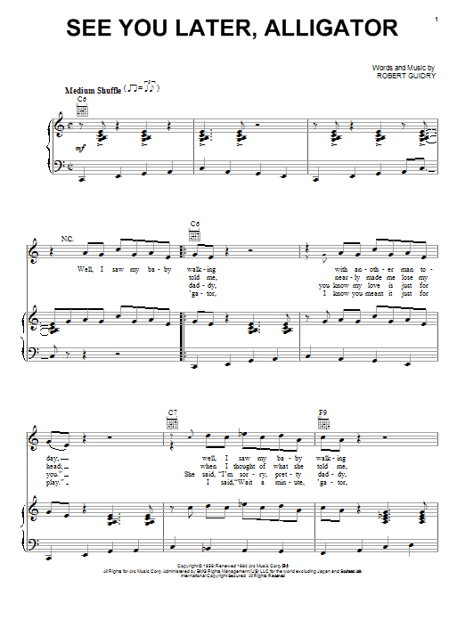 Bill Haley His Comets See You Later Alligator Sheet Music Notes Chords Download Rock Notes Piano Vocal Guitar Right Hand Melody Pdf Print