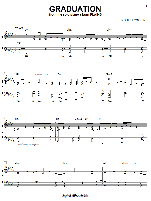 Preview George Winston Graduation Classical sheet music, notes and chords for Piano, SKU: 60138 sheet music, piano notes, chords, guitar tabs, score, transpose, transcribe, how to play, guide, download, learn, tutorial, progression, song, artist, awards, billboard, mtv, vh1, tour, single, album, release