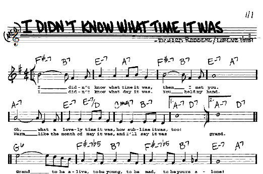 Preview Rodgers & Hart I Didn't Know What Time It Was Jazz sheet music, notes and chords for Real Book - Melody, Lyrics & Chords - C Instruments, SKU: 61252 sheet music, piano notes, chords, guitar tabs, score, transpose, transcribe, how to play, guide, download, learn, tutorial, progression, song, artist, awards, billboard, mtv, vh1, tour, single, album, release
