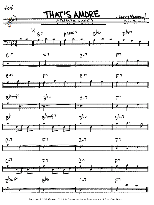 Preview Dean Martin That's Amore (That's Love) Jazz sheet music, notes and chords for Real Book - Melody & Chords - Bass Clef Instruments, SKU: 62154 sheet music, piano notes, chords, guitar tabs, score, transpose, transcribe, how to play, guide, download, learn, tutorial, progression, song, artist, awards, billboard, mtv, vh1, tour, single, album, release