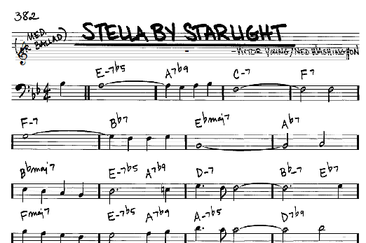 Preview Victor Young Stella By Starlight Jazz sheet music, notes and chords for Real Book - Melody & Chords - Bass Clef Instruments, SKU: 62162 sheet music, piano notes, chords, guitar tabs, score, transpose, transcribe, how to play, guide, download, learn, tutorial, progression, song, artist, awards, billboard, mtv, vh1, tour, single, album, release