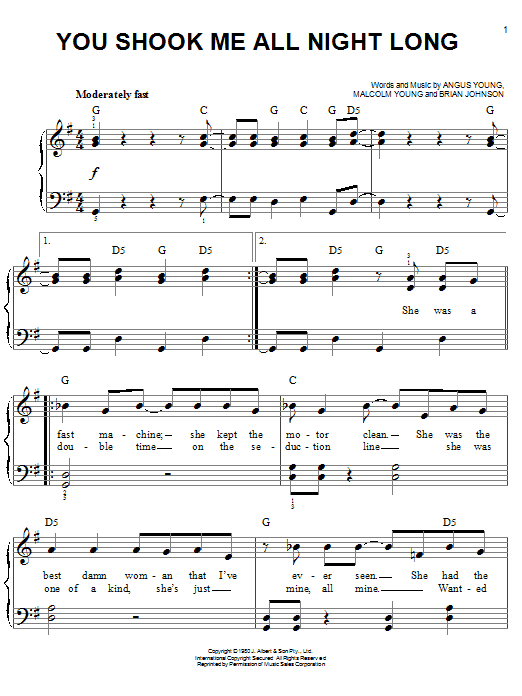 Ac Dc You Shook Me All Night Long Sheet Music Notes Chords Download Pop Notes Easy Piano Pdf Print 64260 verse / g c g c she was a fast machine, she kept her motor clean g d g she was the best damn woman i had ever seen g c g c g she had the sightless eyes telling me no lies g d g d g and kno. musicnotesroom com