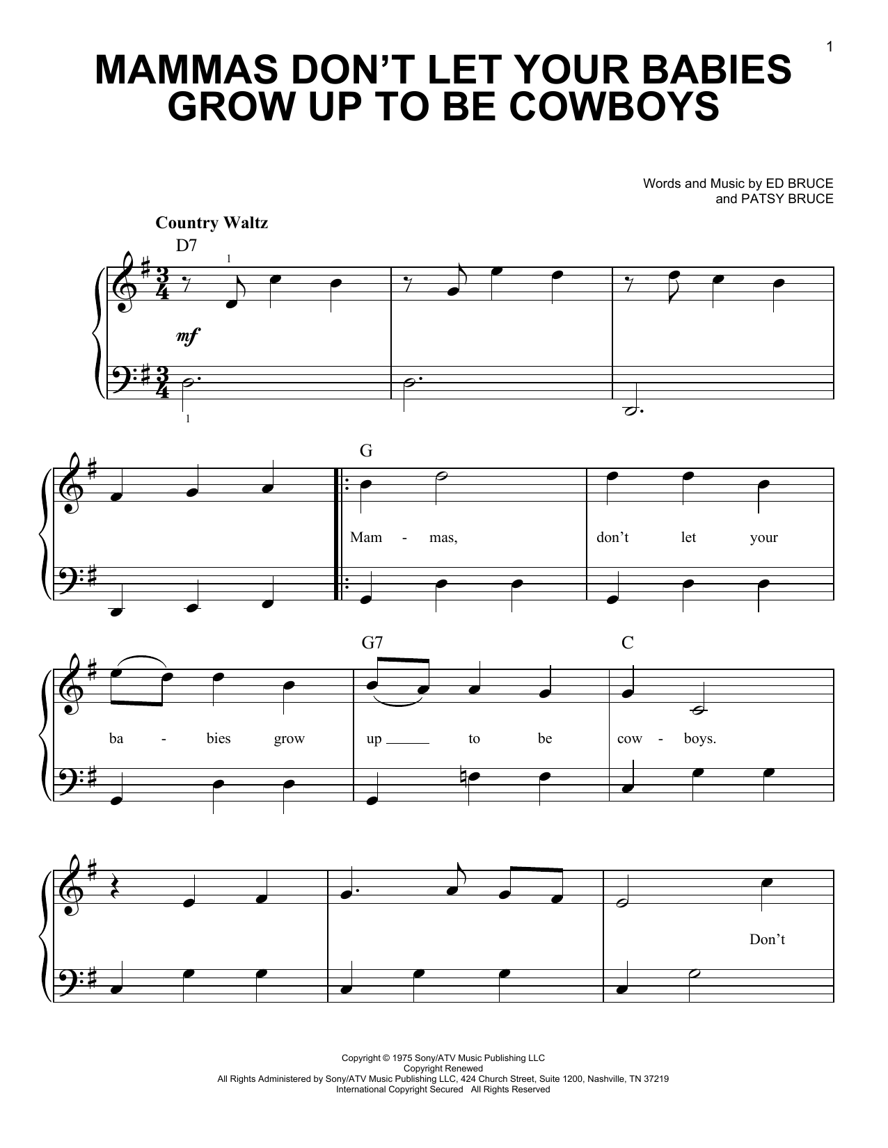 Preview Waylon Jennings & Willie Nelson Mammas Don't Let Your Babies Grow Up To Be Cowboys Country sheet music, notes and chords for Very Easy Piano, SKU: 64331 sheet music, piano notes, chords, guitar tabs, score, transpose, transcribe, how to play, guide, download, learn, tutorial, progression, song, artist, awards, billboard, mtv, vh1, tour, single, album, release