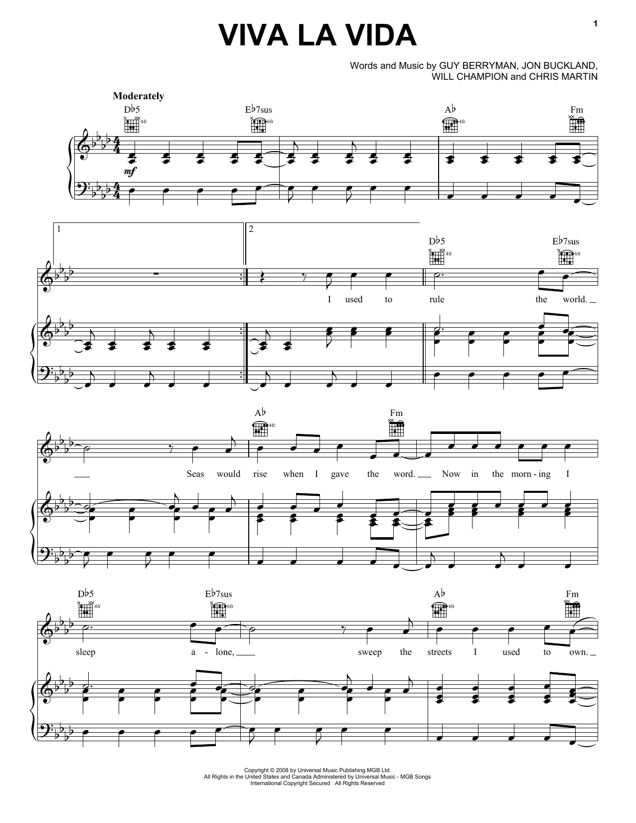 Coldplay Viva La Vida Sheet Music Notes Chords Download Rock Notes Piano Vocal Guitar Right Hand Melody Pdf Print