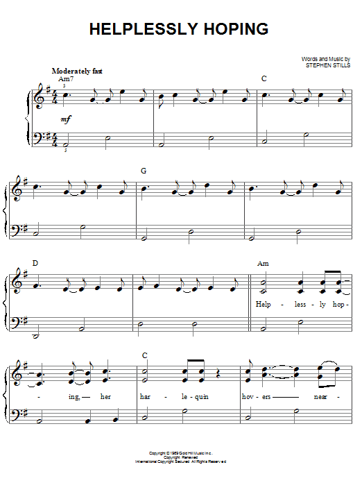Crosby Stills Nash Helplessly Hoping Sheet Music Notes Chords Download Pop Notes Easy Piano Pdf Print 66866
