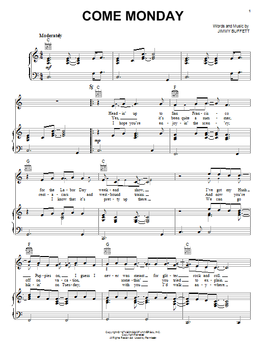 Preview Jimmy Buffett Come Monday Rock sheet music, notes and chords for Piano, Vocal & Guitar (Right-Hand Melody), SKU: 67173 sheet music, piano notes, chords, guitar tabs, score, transpose, transcribe, how to play, guide, download, learn, tutorial, progression, song, artist, awards, billboard, mtv, vh1, tour, single, album, release