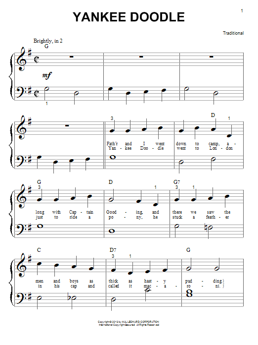Traditional Yankee Doodle Sheet Music Notes Chords Download Folk Notes Piano Big Notes Pdf Print 646