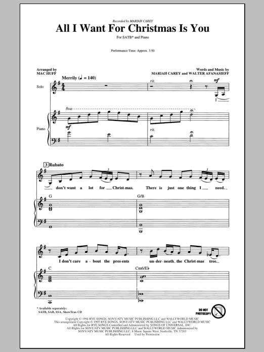 Mariah Carey All I Want For Christmas Is You SATB Sheet Music Vocal Score