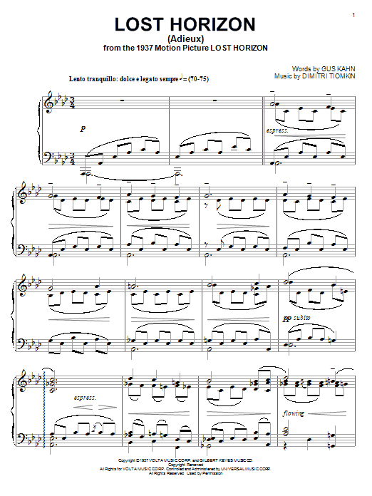 Preview Dimitri Tiomkin Lost Horizon Film and TV sheet music, notes and chords for Piano, SKU: 70577 sheet music, piano notes, chords, guitar tabs, score, transpose, transcribe, how to play, guide, download, learn, tutorial, progression, song, artist, awards, billboard, mtv, vh1, tour, single, album, release