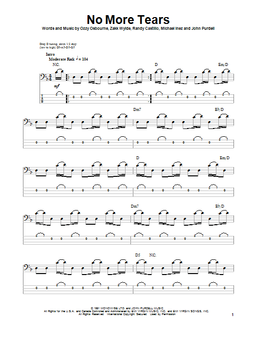 Ozzy Osbourne No More Tears Sheet Music Notes Chords Download Pop Notes Bass Guitar Tab Pdf Print 70720