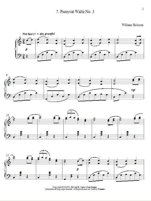 Preview William Bolcom Pussycat Waltz No. 3 Classical sheet music, notes and chords for Piano, SKU: 73297 sheet music, piano notes, chords, guitar tabs, score, transpose, transcribe, how to play, guide, download, learn, tutorial, progression, song, artist, awards, billboard, mtv, vh1, tour, single, album, release