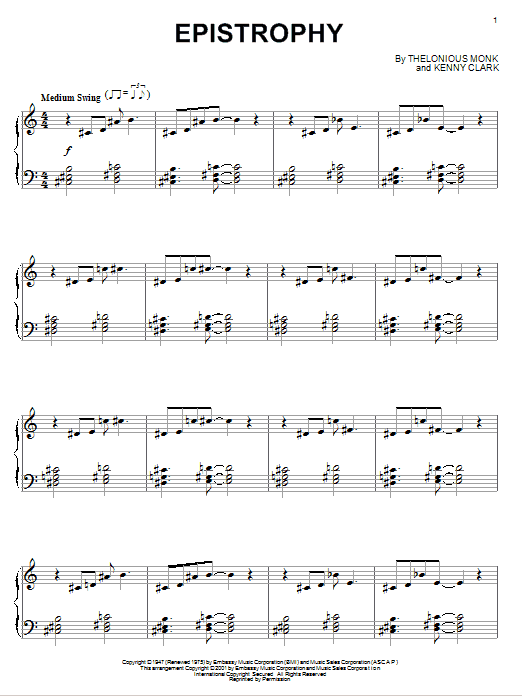 Preview Thelonious Monk Epistrophy Jazz sheet music, notes and chords for Piano, SKU: 74217 sheet music, piano notes, chords, guitar tabs, score, transpose, transcribe, how to play, guide, download, learn, tutorial, progression, song, artist, awards, billboard, mtv, vh1, tour, single, album, release