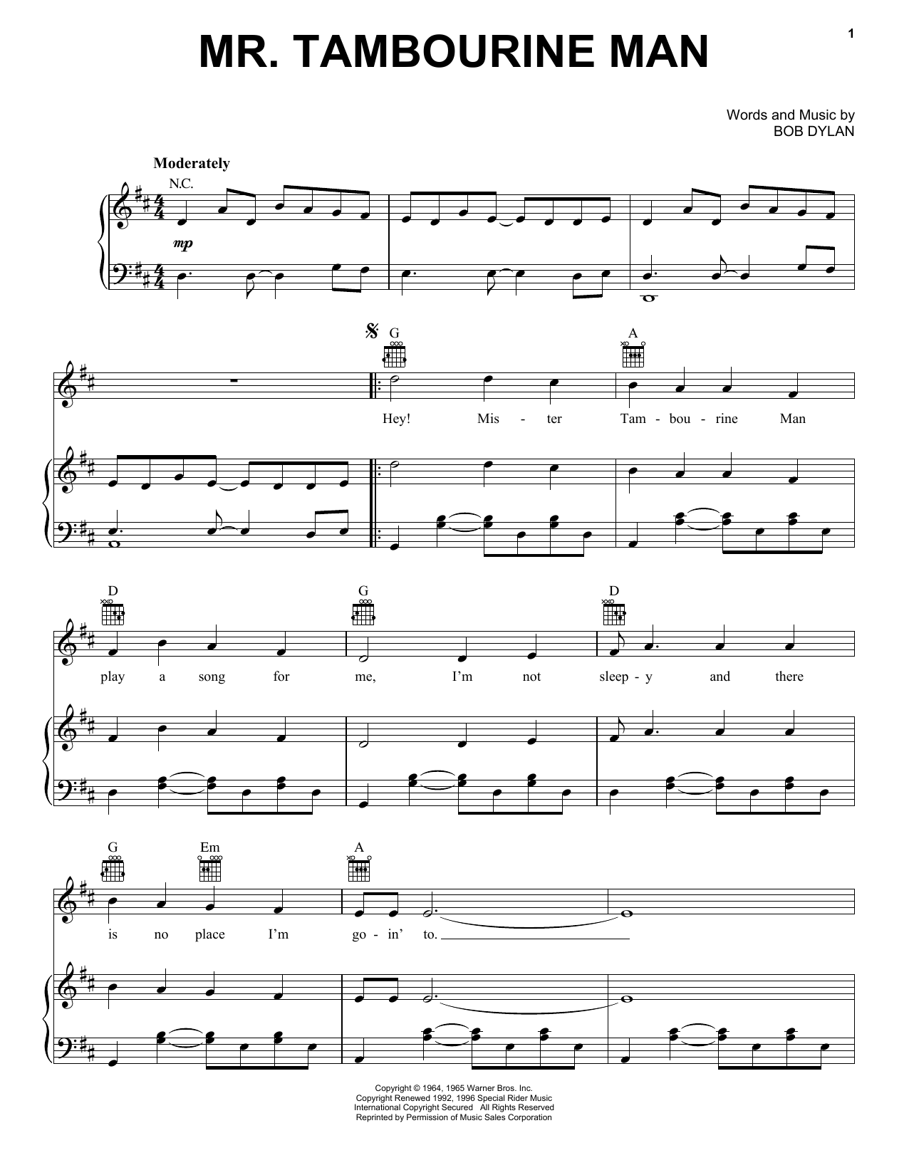 Bob Dylan Mr Tambourine Man Sheet Music Notes Chords Download Pop Notes Piano Vocal Guitar Right Hand Melody Pdf Print