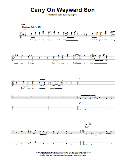 Kansas Carry On Wayward Son Sheet Music Notes Chords Download Rock Notes Bass Guitar Tab Pdf Print