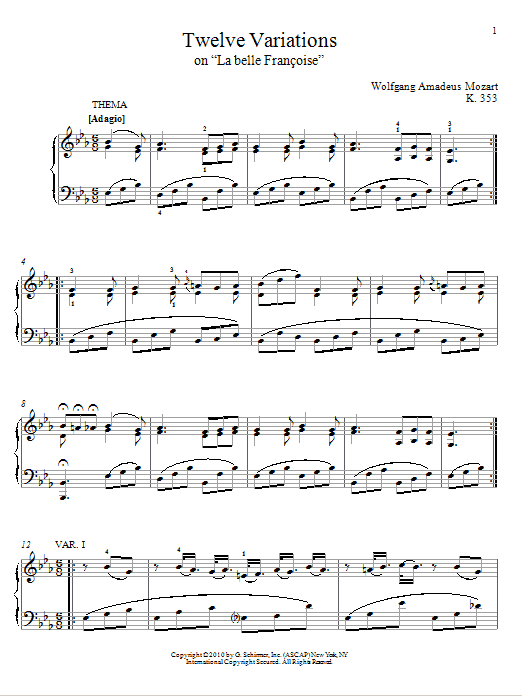 Preview Wolfgang Amadeus Mozart Twelve Variations on La belle Francois, K. 353 Classical sheet music, notes and chords for Piano, SKU: 76127 sheet music, piano notes, chords, guitar tabs, score, transpose, transcribe, how to play, guide, download, learn, tutorial, progression, song, artist, awards, billboard, mtv, vh1, tour, single, album, release