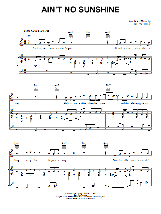 Bill Withers Ain T No Sunshine Sheet Music Notes Chords