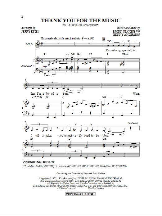 Abba Thank You For The Music Arr Jerry Estes Sheet Music Notes Chords Download Concert Notes Satb Pdf Print 77214