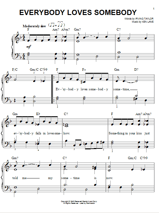 Dean Martin Everybody Loves Somebody Sheet Music Notes Chords Download Jazz Notes Easy Piano Pdf Print 77487