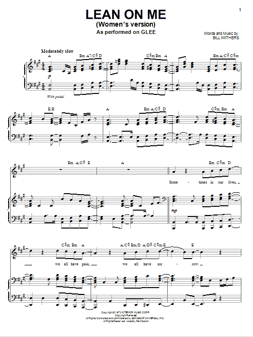 Glee Cast Lean On Me Sheet Music Notes Chords Download Rock Notes Piano Vocal Guitar Right Hand Melody Pdf Print 77582