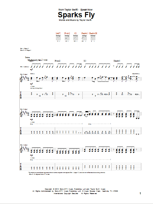 Taylor Swift Sparks Fly Sheet Music Notes Chords Download Pop Notes Guitar Tab Pdf Print 79299