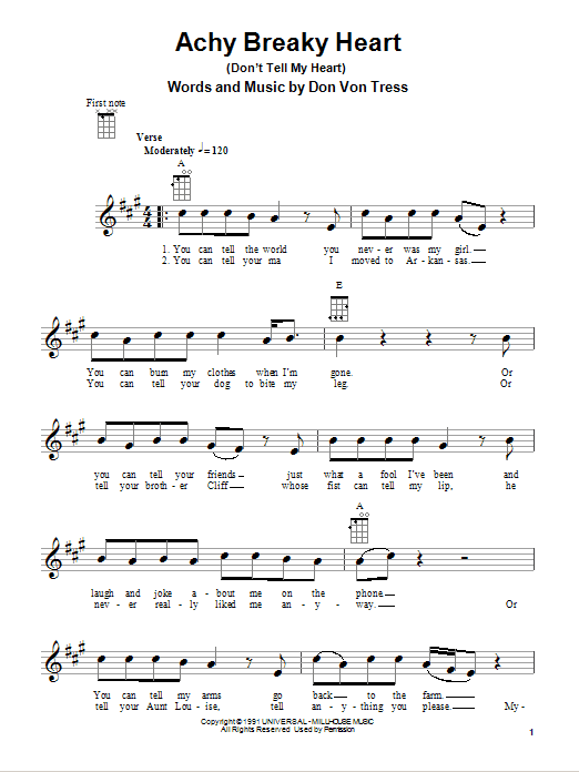 Billy Ray Cyrus Achy Breaky Heart Don T Tell My Heart Sheet Music Notes Chords Download Pop Notes Ukulele Pdf Print 80955