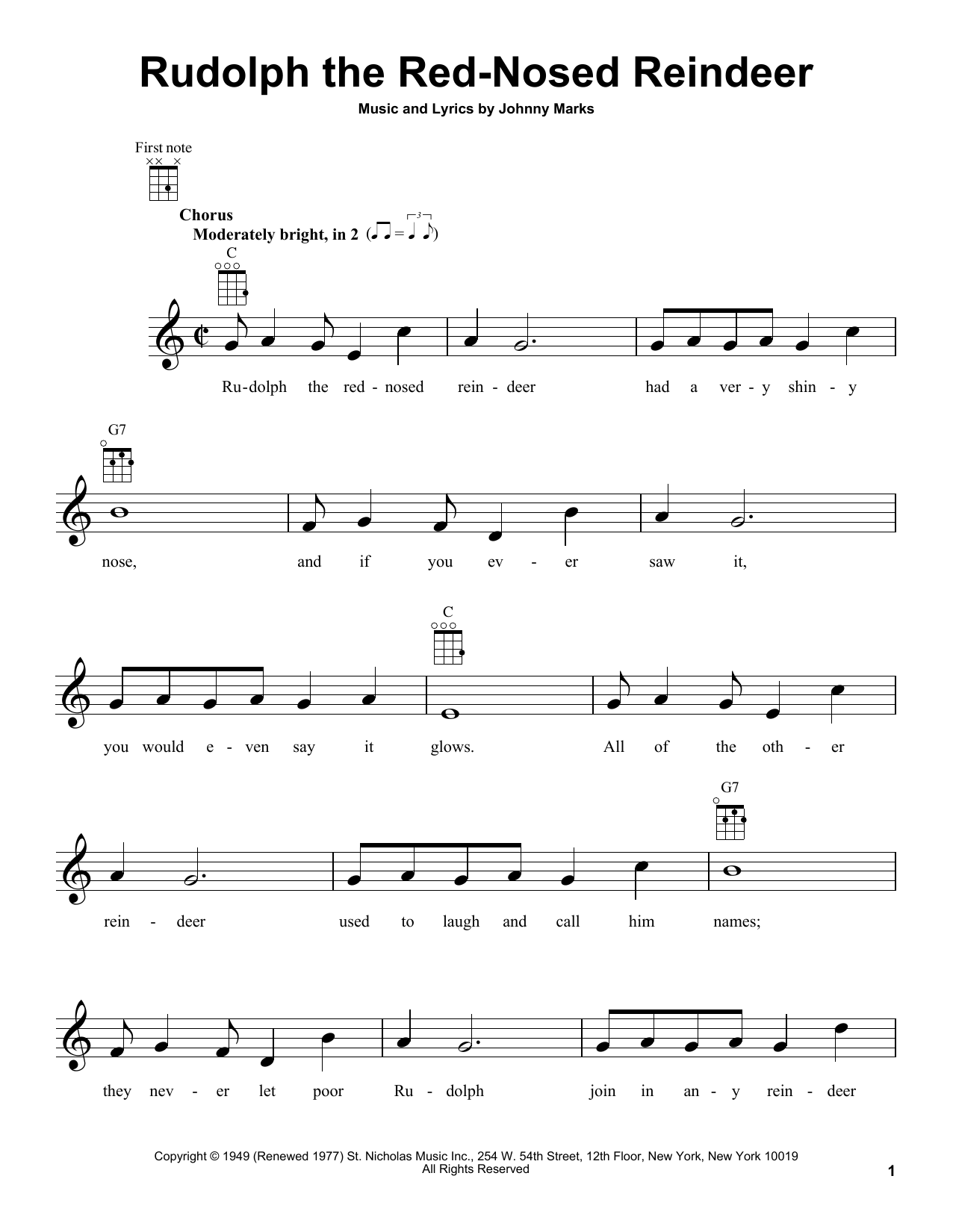 Johnny Marks Rudolph The Red Nosed Reindeer Sheet Music Notes Chords Download Printable Ukulele Sku 81043