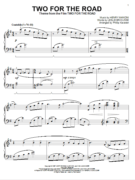 Preview Henry Mancini Two For The Road Pop sheet music, notes and chords for Piano, SKU: 81312 sheet music, piano notes, chords, guitar tabs, score, transpose, transcribe, how to play, guide, download, learn, tutorial, progression, song, artist, awards, billboard, mtv, vh1, tour, single, album, release