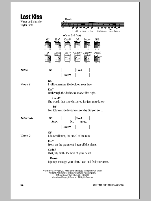 Preview Taylor Swift Last Kiss Pop sheet music, notes and chords for Lyrics...