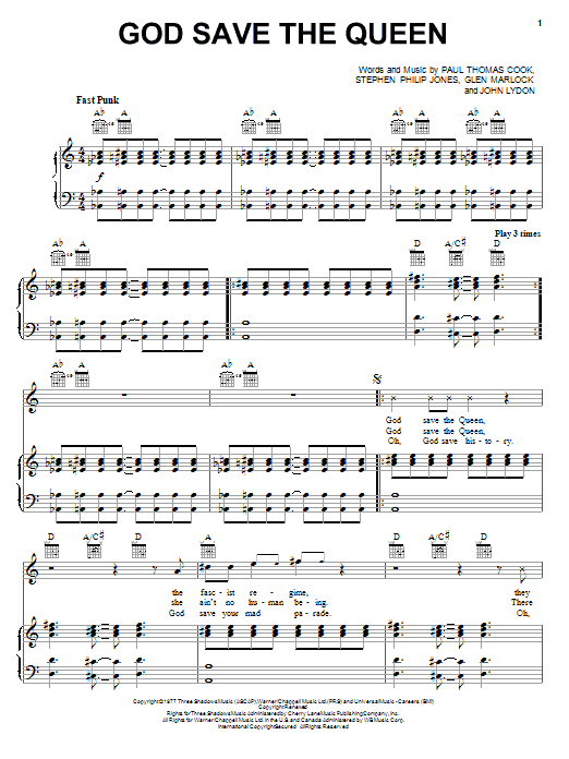 Learn Sex Pistols God Save The Queen sheet music notes, chords. 