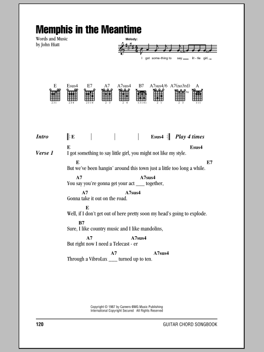 John Hiatt Memphis In The Meantime Sheet Music Notes Chords