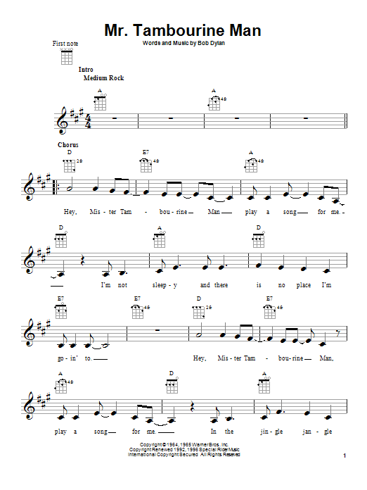 Bob Dylan Mr Tambourine Man Sheet Music Notes Chords Download Pop Notes Ukulele Pdf Print